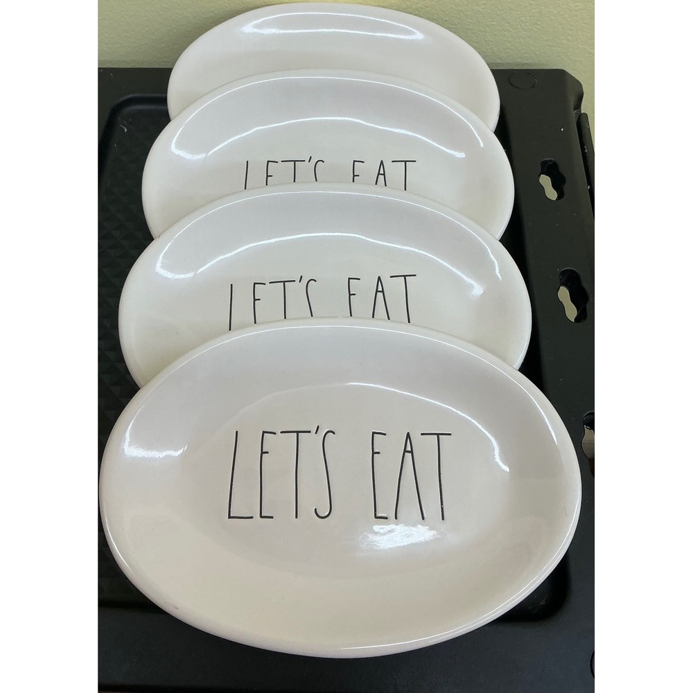 Rae Dunn Lets Eat Oval Appetizer Plates Set of 4 Cream Ceramic Farmhouse Magenta